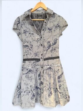 Sommes Light Blue Bird Toile Shirt Dress Sheer Floral Lace Back Mini Small